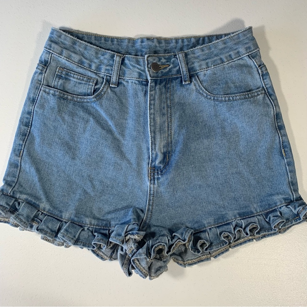 SHEIN WOMENS JEAN SHORTS MEDIUM HIGH RISE WAIST‎ RUFFLE BLUE